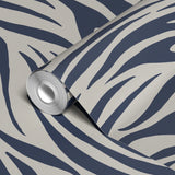 Navy blue and beige wavy zebra-like stripes in an abstract flowing pattern