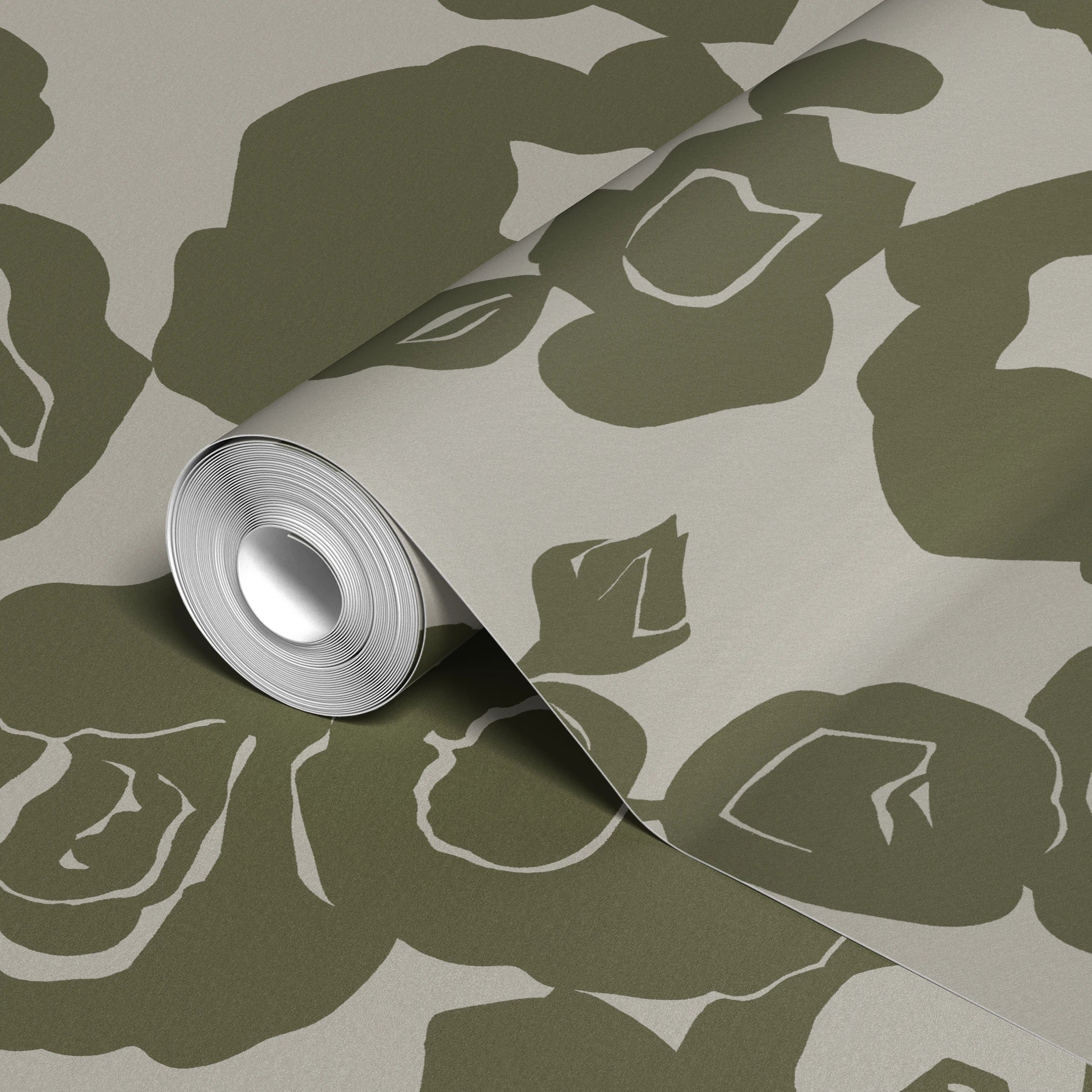 Abstract olive green floral pattern with roses and leaves on beige background