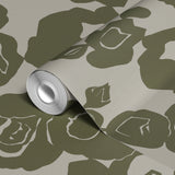 Abstract olive green floral pattern with roses and leaves on beige background