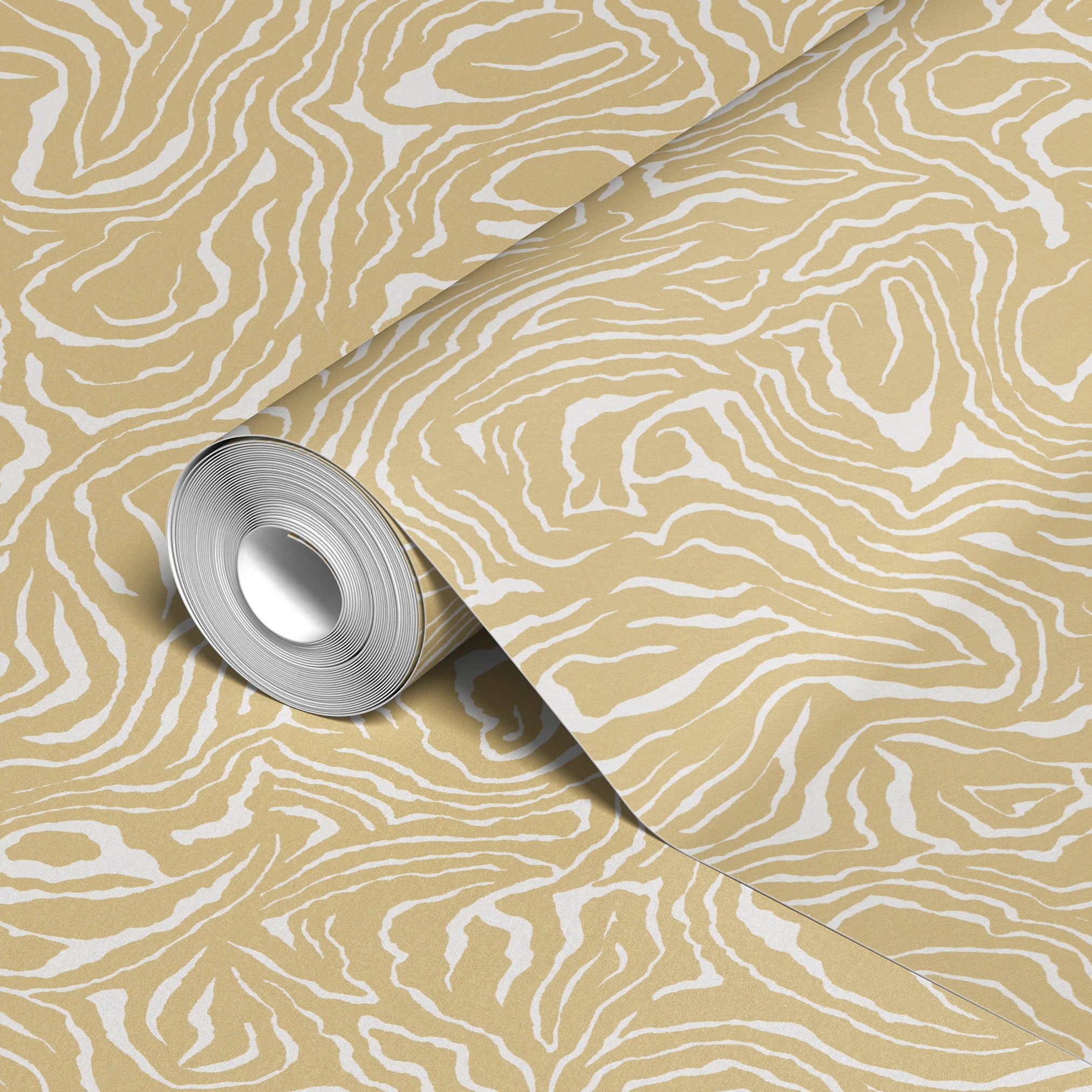 Gold and white swirling abstract pattern with flowing organic lines resembling wood grain or marbled