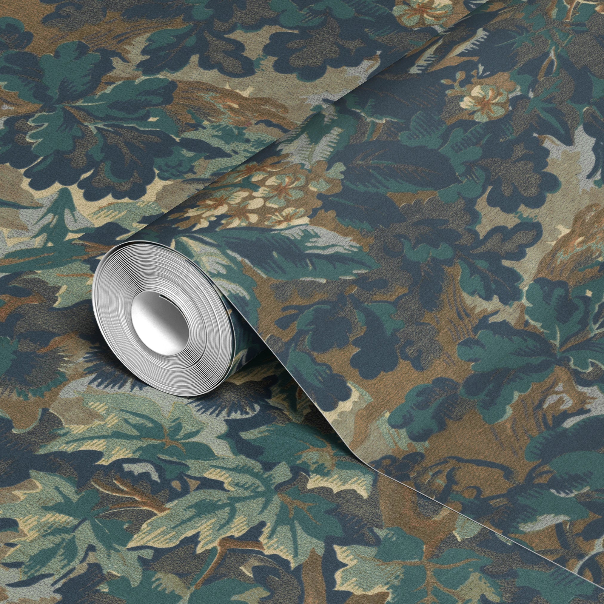 Dark floral wallpaper pattern with gold, cream, and teal leaves and flowers on navy blue background