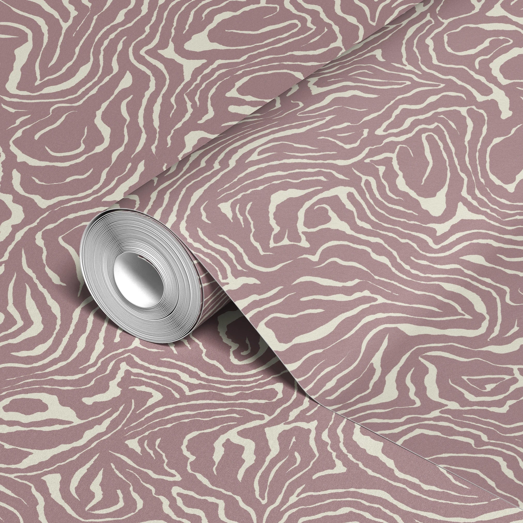 Swirling organic pattern in white lines on mauve-brown background creating flowing abstract texture
