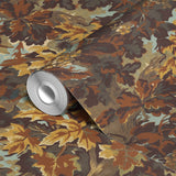 Autumn oak leaves and acorns in brown, gold, and sage green tones creating a dense fall foliage patt