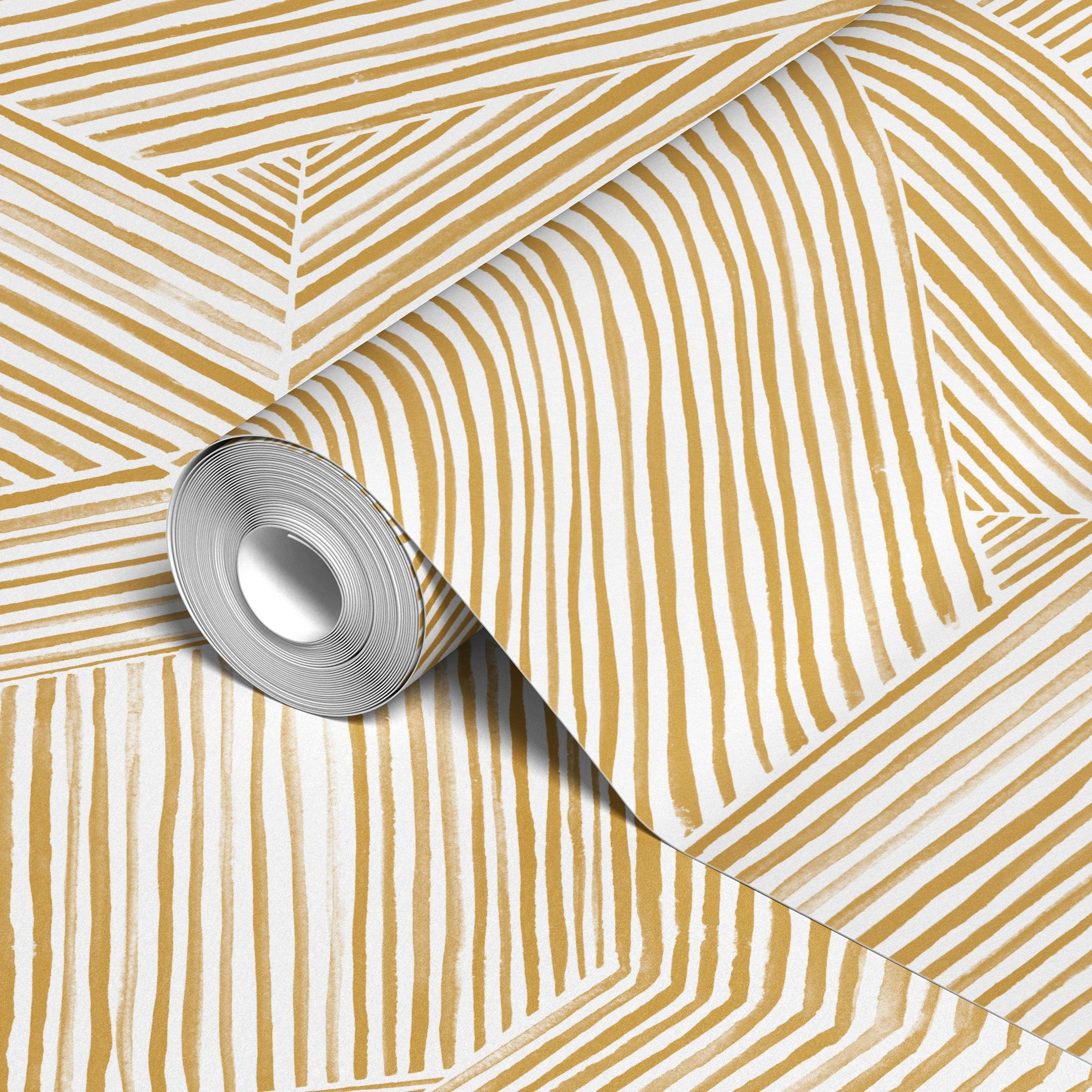 Abstract geometric pattern of intersecting gold lines forming angular sections on white background