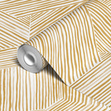 Abstract geometric pattern of intersecting gold lines forming angular sections on white background