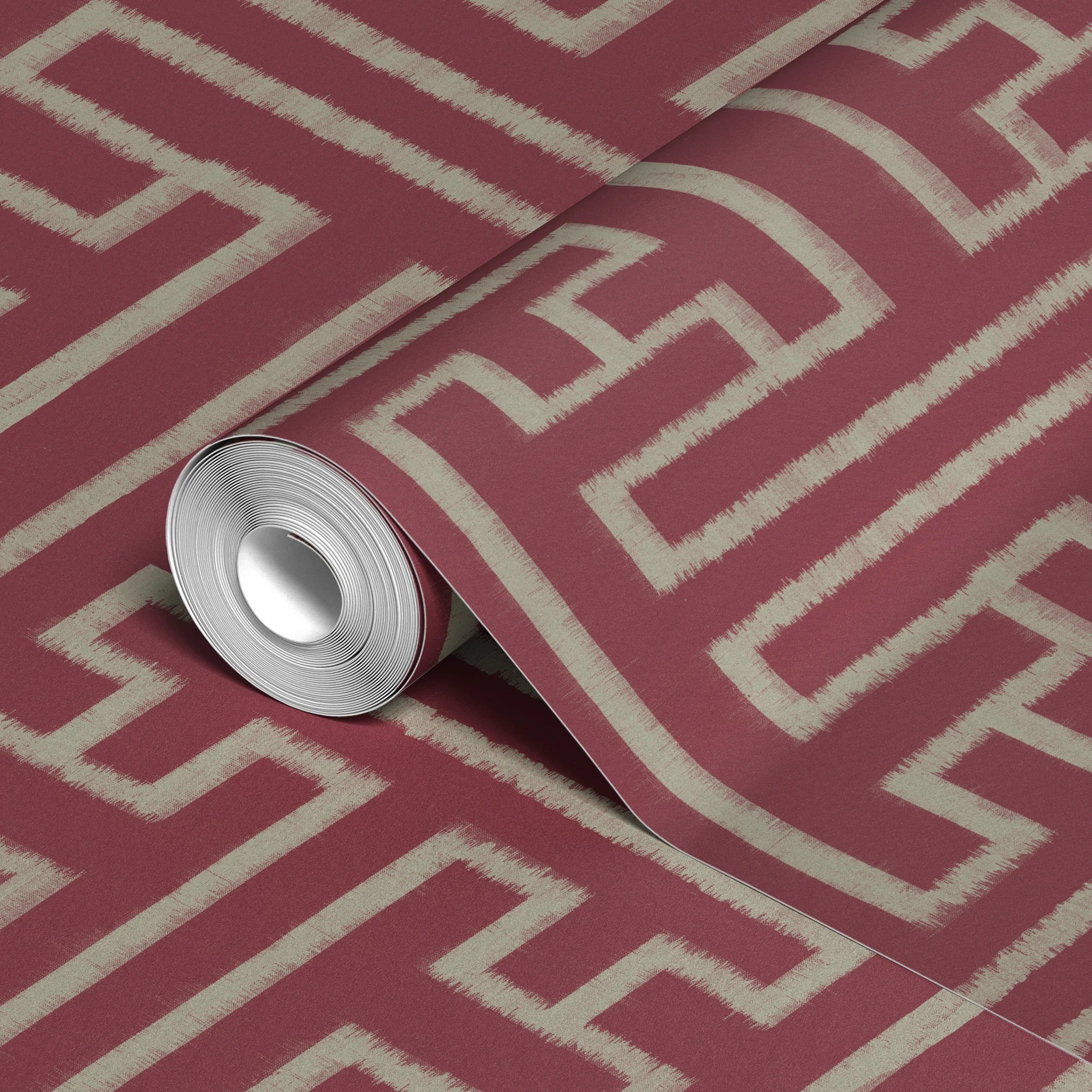 Burgundy and cream geometric Greek key pattern with symmetrical interlocking design