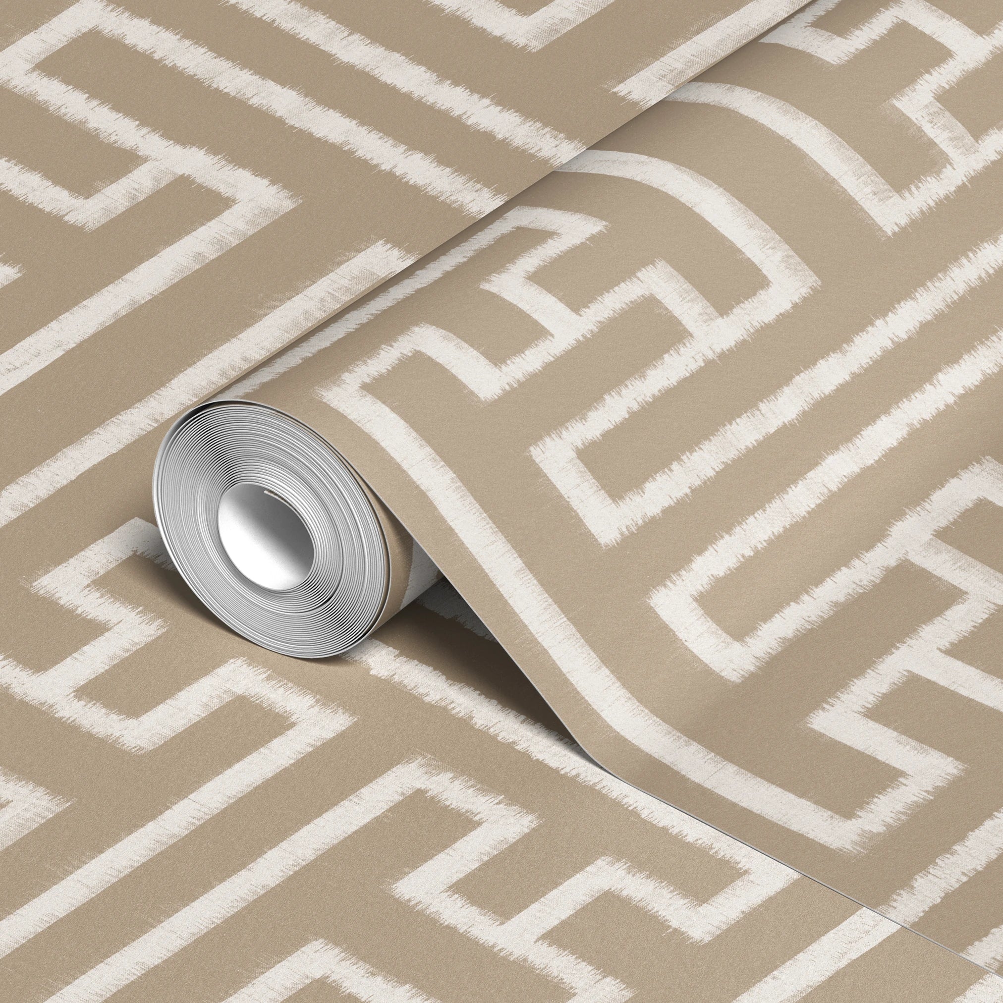 Greek key pattern in white on beige background with geometric maze-like design