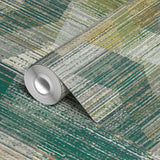 Abstract camouflage pattern in teal, gold, cream and gray with horizontal striped texture