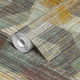 Abstract pattern with horizontal lines in gray, gold, cream, and teal creating a distressed, layered