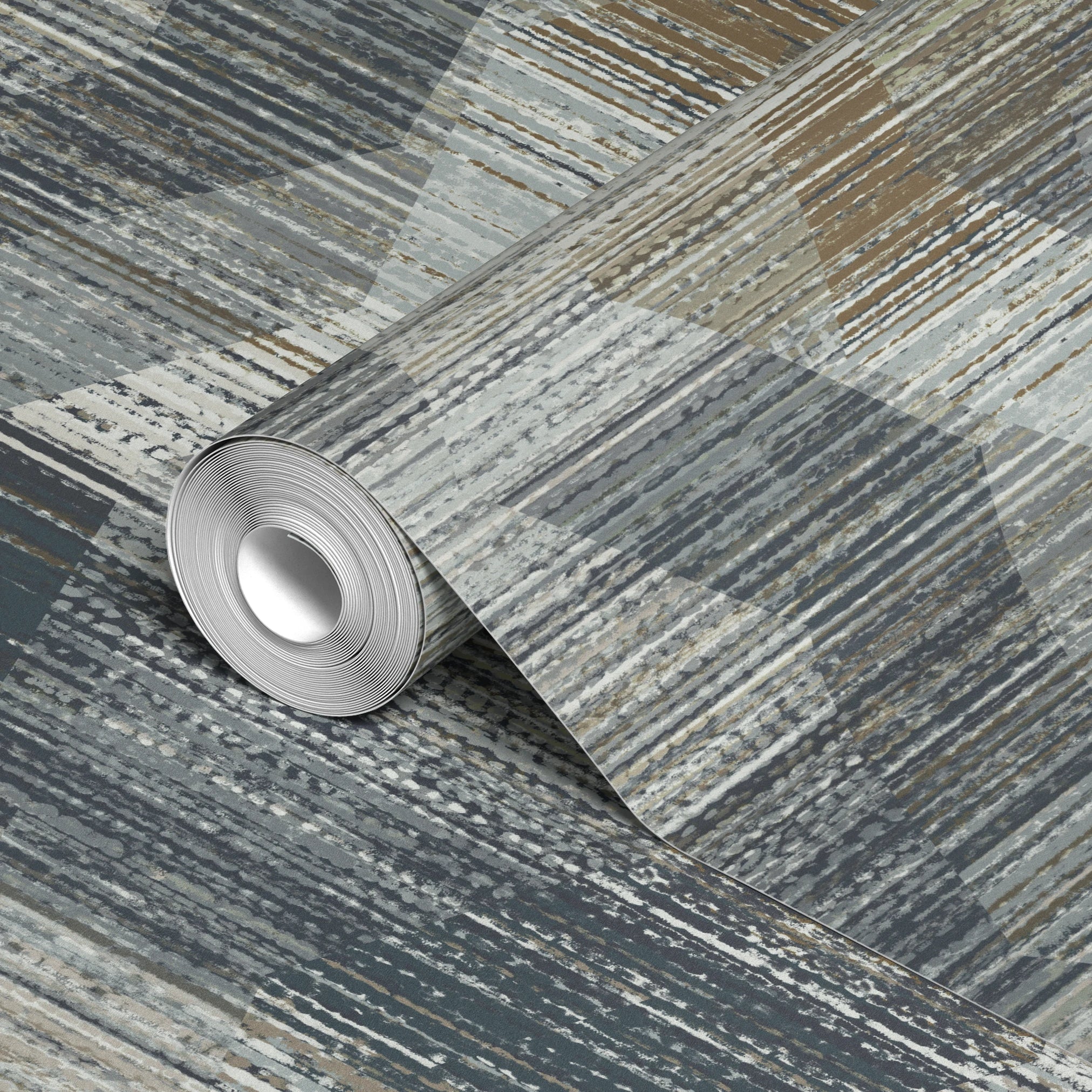 Abstract geometric pattern with horizontal lines in gray, beige, and cream tones creating a distress