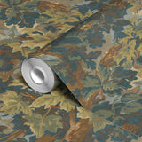 Autumn oak leaves and acorns pattern in gold, brown, and blue-gray tones