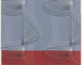 Abstract geometric textile archive featuring black and white line-drawn fan and oval forms over a muted blue-gray background with a wide red band at the bottom.